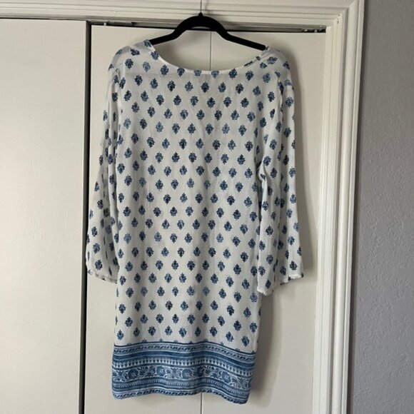 PomPom Bohemian Dress Bell Sleeve Tunic Top White Blue Paisley M - Picture 2 of 4